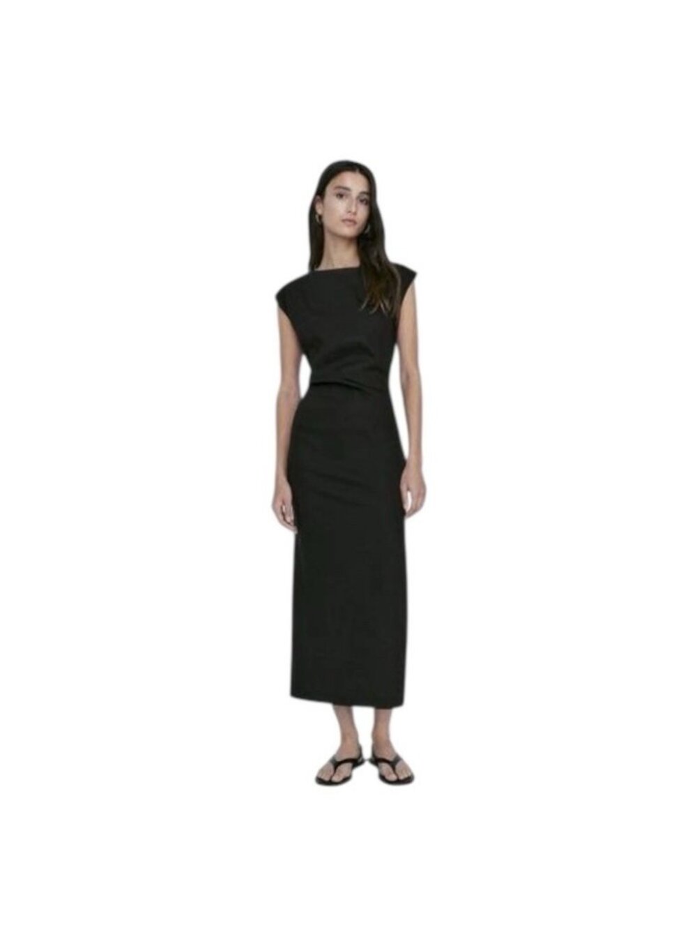Massimo Dutti Linen Blend Dress Women’s Medium With Ruched Detail Black